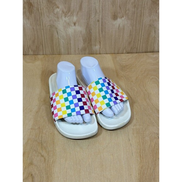 Vans Range Slides Wom 11 Multi Color Rainbow Check Flip flops - Picture 1 of 8